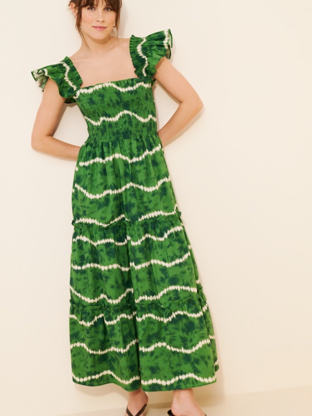 Smocked Green Tie-Dye Maxi Dress with Ruffle Cap Sleeves